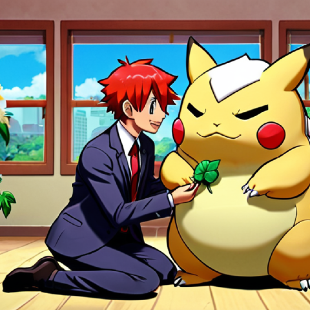 **

Prompt: A chaotic, yet charming, Pokémon pet-sitting service run by Team Rocket. Jessie is grooming a Chikorita with hair extensions stuck in its leaves. James is untangling a Growlithe from his rose bushes, looking frazzled but affectionate. Meowth, wearing a tiny suit, is negotiating rates with a clueless trainer for "premium cuddle time" with a Snorlax. The background is Team Rocket's headquarters, slightly damaged but decorated with makeshift daycare elements.

**