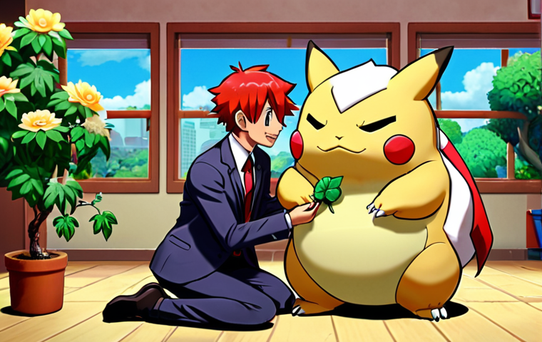 **

Prompt: A chaotic, yet charming, Pokémon pet-sitting service run by Team Rocket. Jessie is grooming a Chikorita with hair extensions stuck in its leaves. James is untangling a Growlithe from his rose bushes, looking frazzled but affectionate. Meowth, wearing a tiny suit, is negotiating rates with a clueless trainer for "premium cuddle time" with a Snorlax. The background is Team Rocket's headquarters, slightly damaged but decorated with makeshift daycare elements.

**