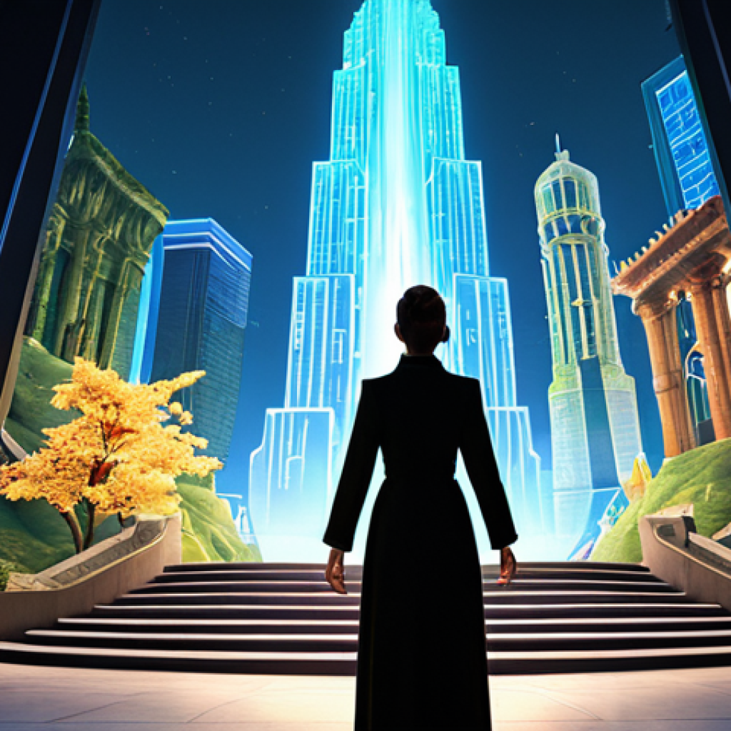 A visionary female professional, fully clothed in a modest, elegant, and modern tech-infused outfit, stands confidently observing a large holographic projection. The projection seamlessly transitions from a richly detailed, vibrant fantasy game world with ancient ruins and magical forests on one side, to a sleek, stylized animated cityscape with advanced architecture on the other. Soft, glowing light emanates from the projection. The background is a sophisticated, minimalist studio space with subtle digital interfaces. Perfect anatomy, correct proportions, natural pose, well-formed hands, proper finger count, natural body proportions. Professional photography, high quality, cinematic lighting, conceptual art style. Safe for work, appropriate content, fully clothed, professional, family-friendly.