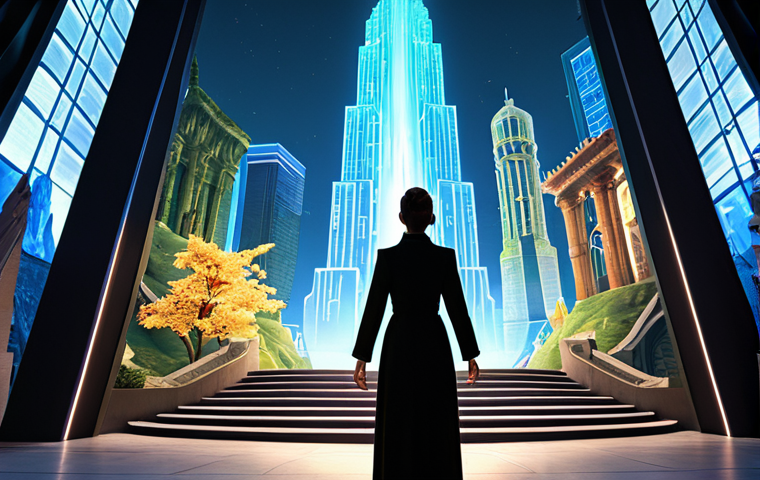 A visionary female professional, fully clothed in a modest, elegant, and modern tech-infused outfit, stands confidently observing a large holographic projection. The projection seamlessly transitions from a richly detailed, vibrant fantasy game world with ancient ruins and magical forests on one side, to a sleek, stylized animated cityscape with advanced architecture on the other. Soft, glowing light emanates from the projection. The background is a sophisticated, minimalist studio space with subtle digital interfaces. Perfect anatomy, correct proportions, natural pose, well-formed hands, proper finger count, natural body proportions. Professional photography, high quality, cinematic lighting, conceptual art style. Safe for work, appropriate content, fully clothed, professional, family-friendly.