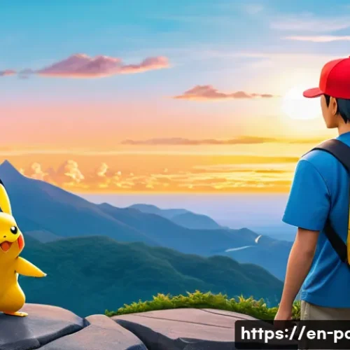포켓몬스터 애니 속 파트너 포켓몬의 상징성 - A dynamic scene depicting Ash and Pikachu standing side by side on a rocky terrain during sunset, Pi...