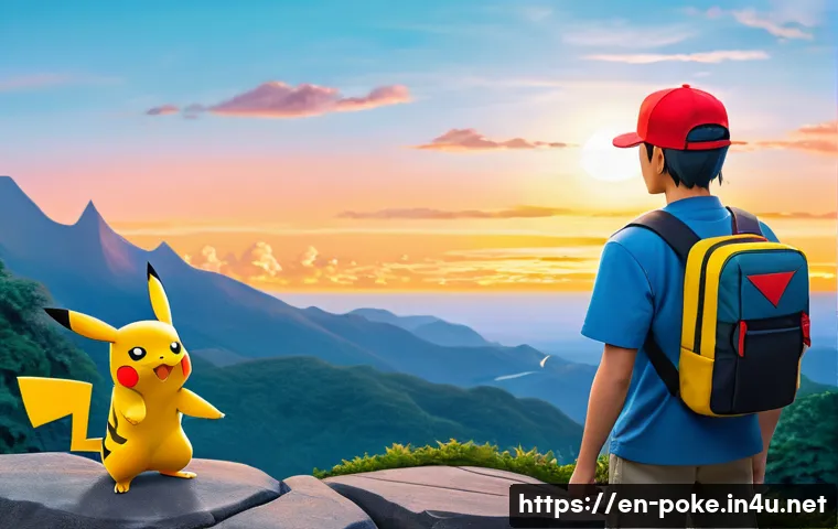 포켓몬스터 애니 속 파트너 포켓몬의 상징성 - A dynamic scene depicting Ash and Pikachu standing side by side on a rocky terrain during sunset, Pi...