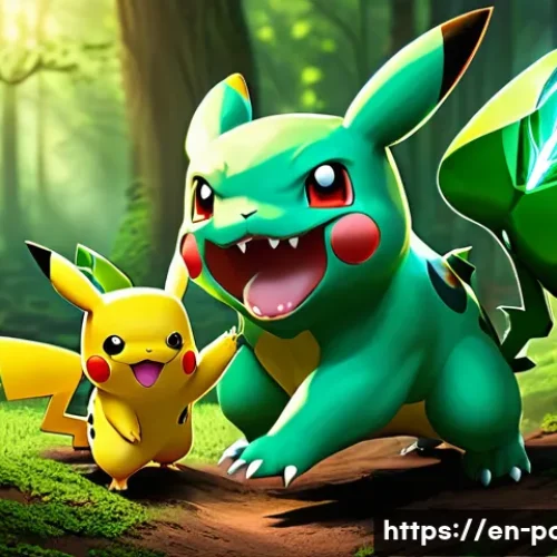 애니 속 포켓몬 간의 협동과 우정 - A dynamic battle scene showcasing Pikachu and Bulbasaur working together in a lush forest clearing, ...