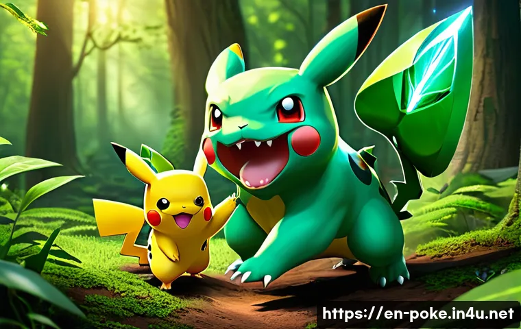 애니 속 포켓몬 간의 협동과 우정 - A dynamic battle scene showcasing Pikachu and Bulbasaur working together in a lush forest clearing, ...