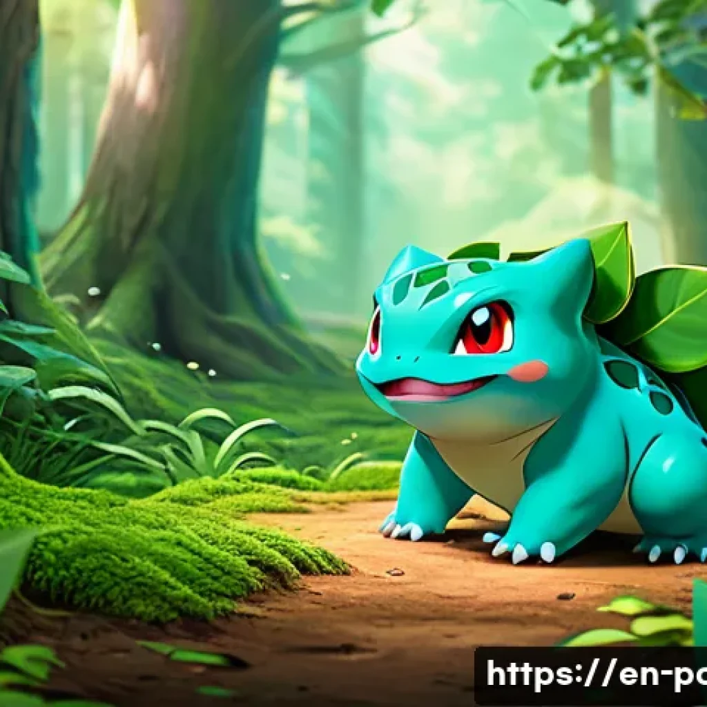 애니 속 주요 포켓몬의 성격과 특성 - A detailed scene of Bulbasaur in a lush forest clearing, displaying a protective and nurturing demea...