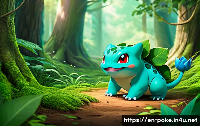 애니 속 주요 포켓몬의 성격과 특성 - A detailed scene of Bulbasaur in a lush forest clearing, displaying a protective and nurturing demea...