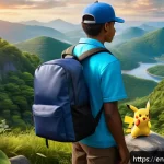 지우 사토시 의 성격과 트레이너로서의 성장 - A dynamic scene of a young, determined Pokémon trainer wearing a stylish yet practical outfit includ...