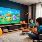 포켓몬스터 애니의 해외 방영과 현지화 사례 - A vibrant scene showing a diverse group of animated children watching a Pokémon episode on a large f...