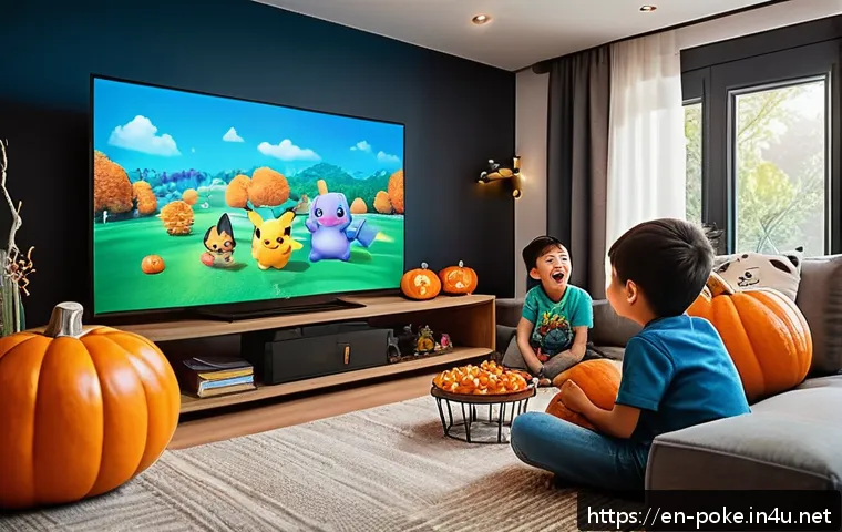 포켓몬스터 애니의 해외 방영과 현지화 사례 - A vibrant scene showing a diverse group of animated children watching a Pokémon episode on a large f...