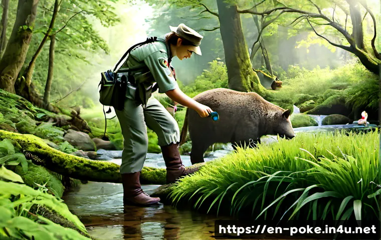 포켓몬스터 애니 속 생태계 묘사와 자연 보호 - Photorealistic wildlife conservation scene in a lush temperate forest, a young park ranger observing...