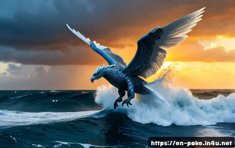 애니메이션에서 등장한 전설의 포켓몬 - Photorealistic cinematic scene of a majestic white-and-blue legendary sea guardian creature soaring ...