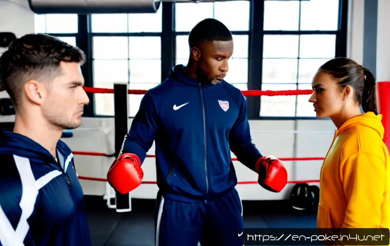 지우와 체육관 리더들의 대결 분석 - Photorealistic sports analysis scene in a modern American training gym, a focused young adult athlet...